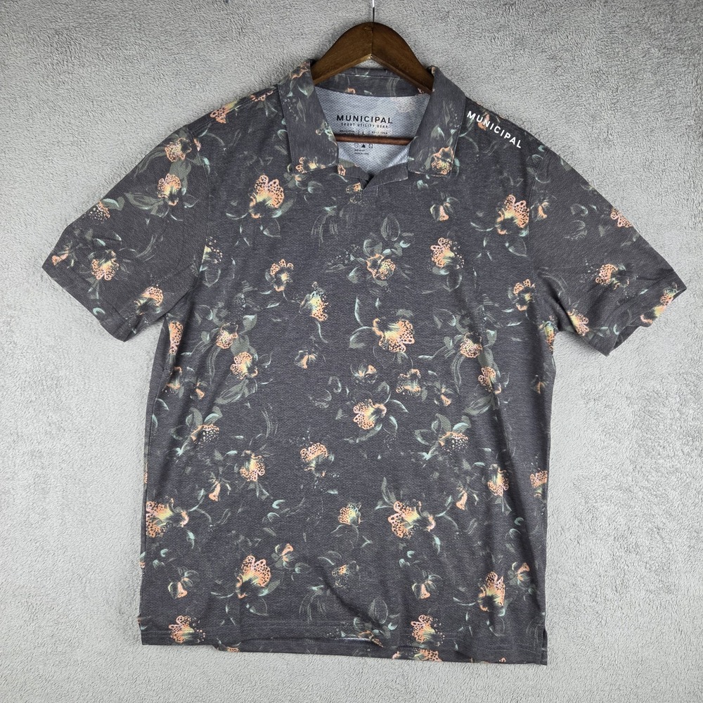 Municipal Black Floral Polo Shirt Men's Large Logo Short Sleeve Collared